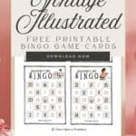 21 vintage illustrated Heidi bingo game cards for Valentine's Day with a pink background.