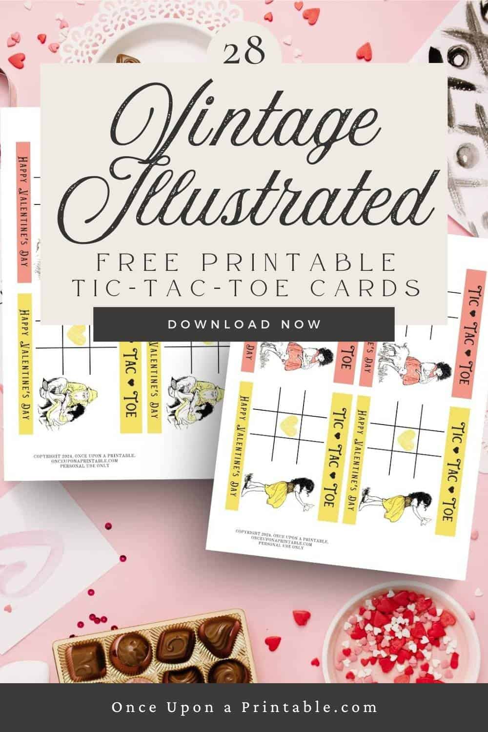 Jessie Willcox smith illustrated Heidi Valentine's day tic tac toe cards on a pink background with candy and glitter.