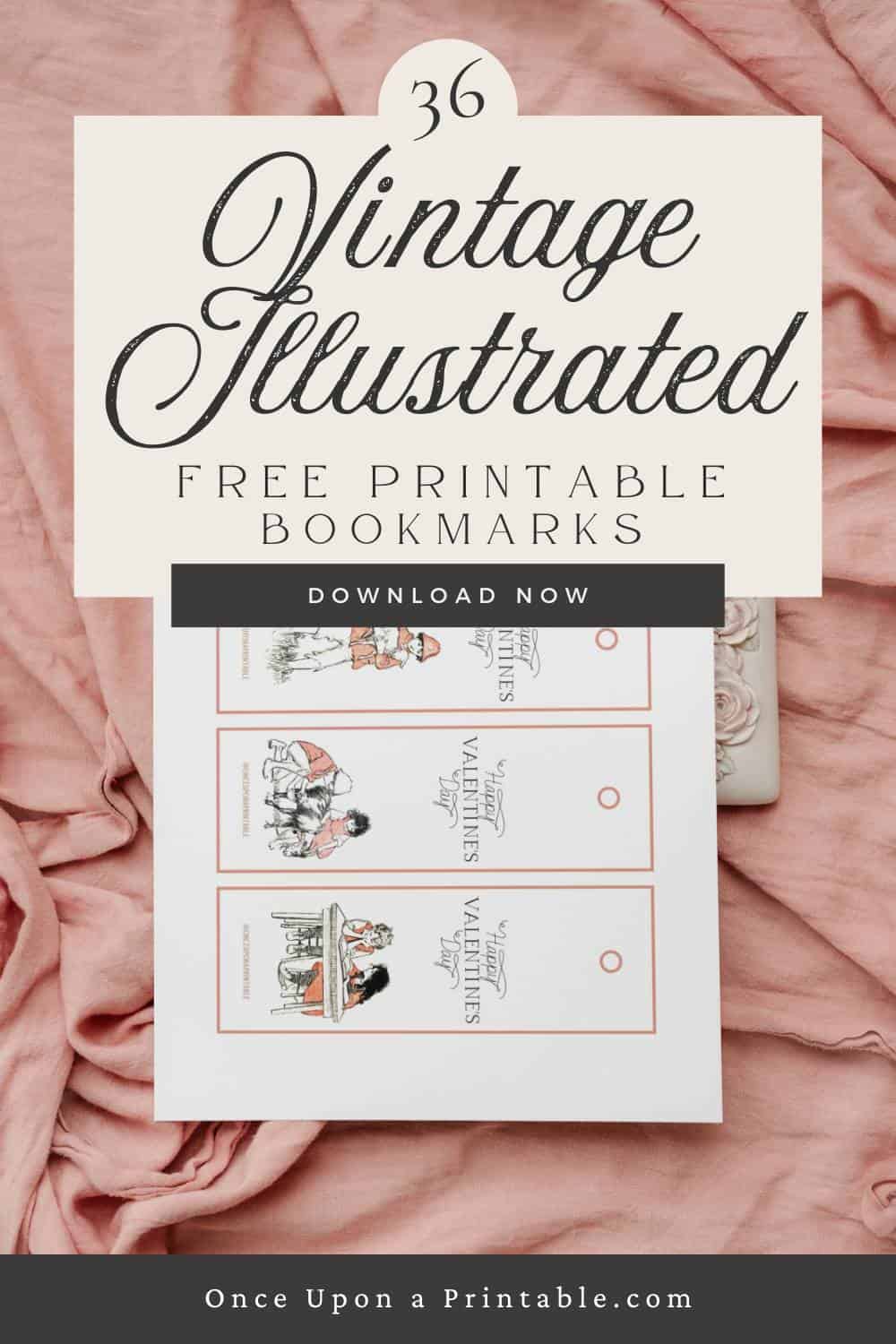 Vintage illustrated Heidi Valentine's Day bookmarks on a pink blanket.