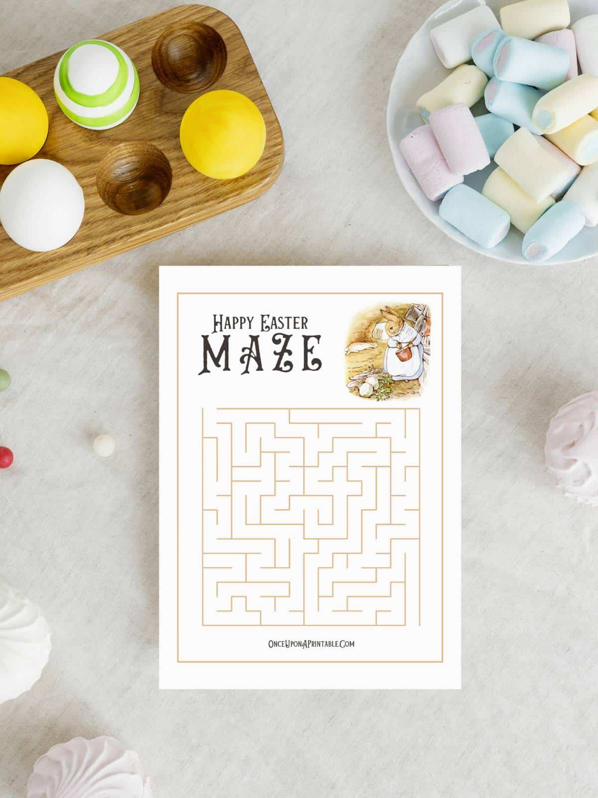 Peter Rabbit illustrated easter maze cards for kids, with eggs and candy.
