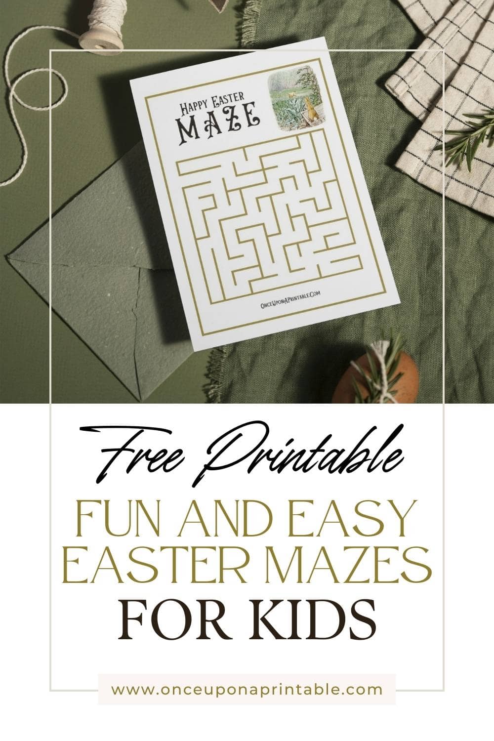 Fun and Easy Easter Mazes for Kids, a Maze Easter card on a green tablecloth background.