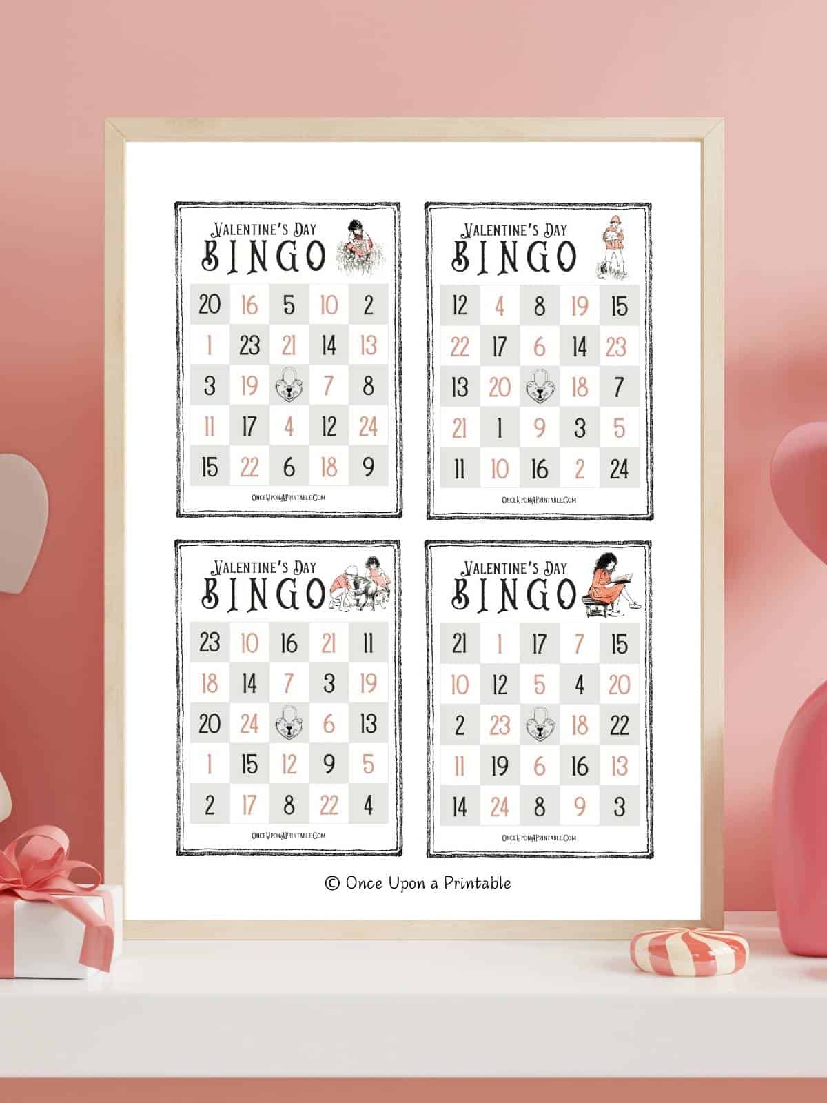 Brightly colored vintage illustrated bingo cards for Valentine's Day on a pink background.