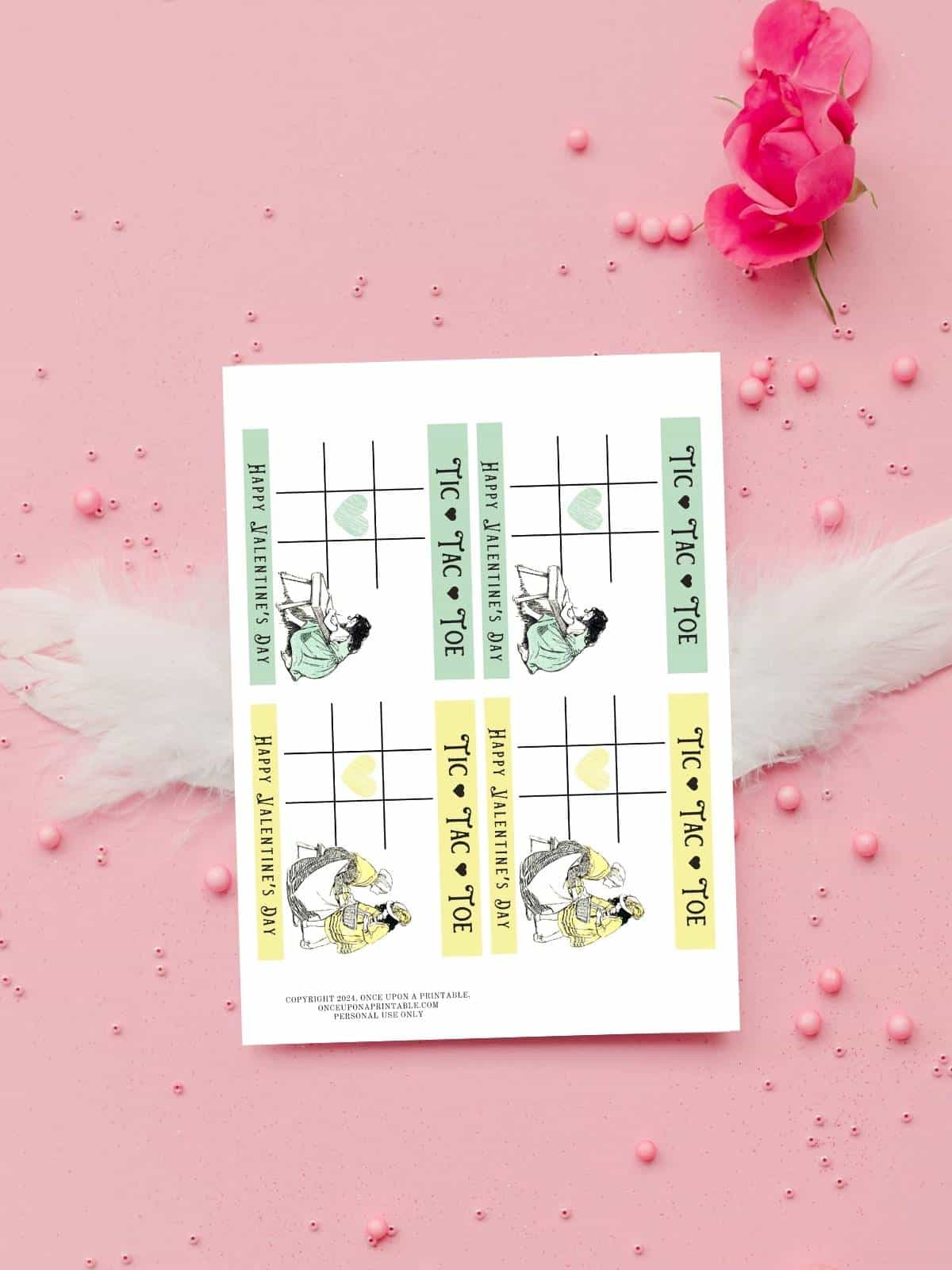 Jessie Willcox smith illustrated Heidi Valentine's day tic tac toe cards on a Valentine's day background with feathers and flower petals.