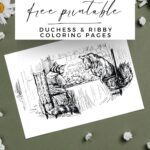 Beatrix Potter free printable Duchess and Ribby coloring pages on a background of green and daisies.
