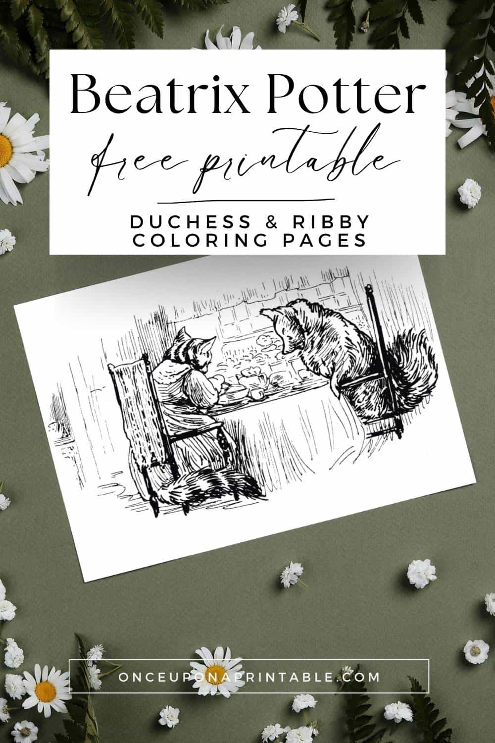 Beatrix Potter free printable Duchess and Ribby coloring pages on a background of green and daisies.