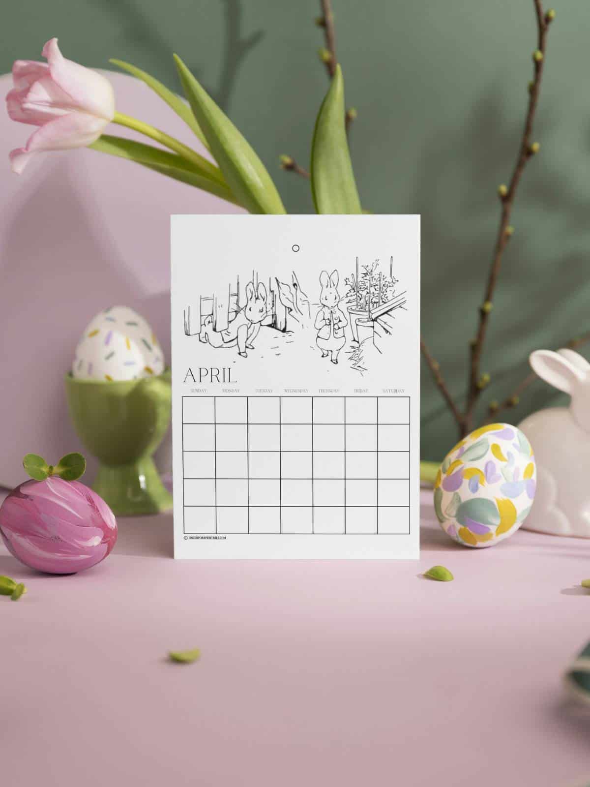Coloring page Calendars Peter Rabbit with eggs. 