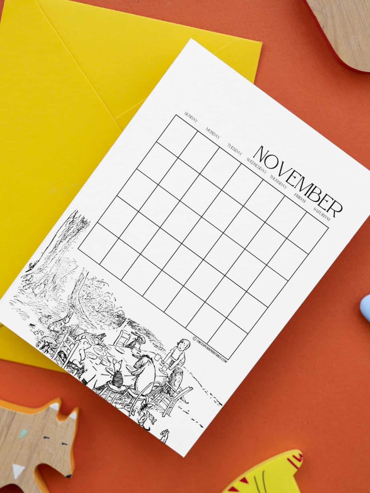 Black and white original classic Winnie the pooh illustrations on monthly calendar printable pages.