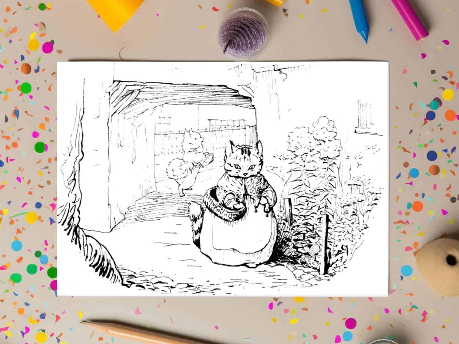 The orange tabby cat Ribby illustrated by Beatrix Potter as a free printable coloring page with art supplies.