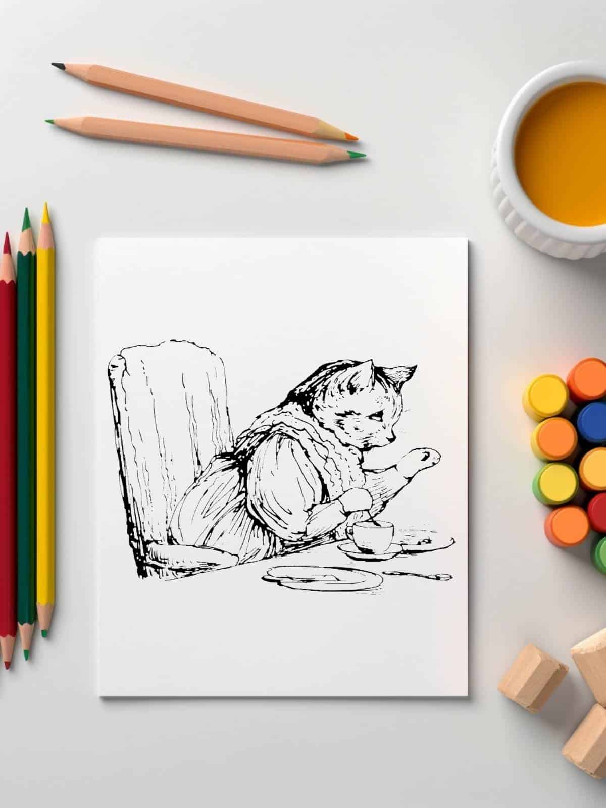 Ribby the kindly orange tabby cat by Beatrix Potter, coloring page with art supplies.