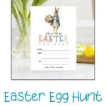 Peter Rabbit themed Easter egg hunt invitations with watercolor illustrations of Peter Rabbit, some by Beatrix Potter.