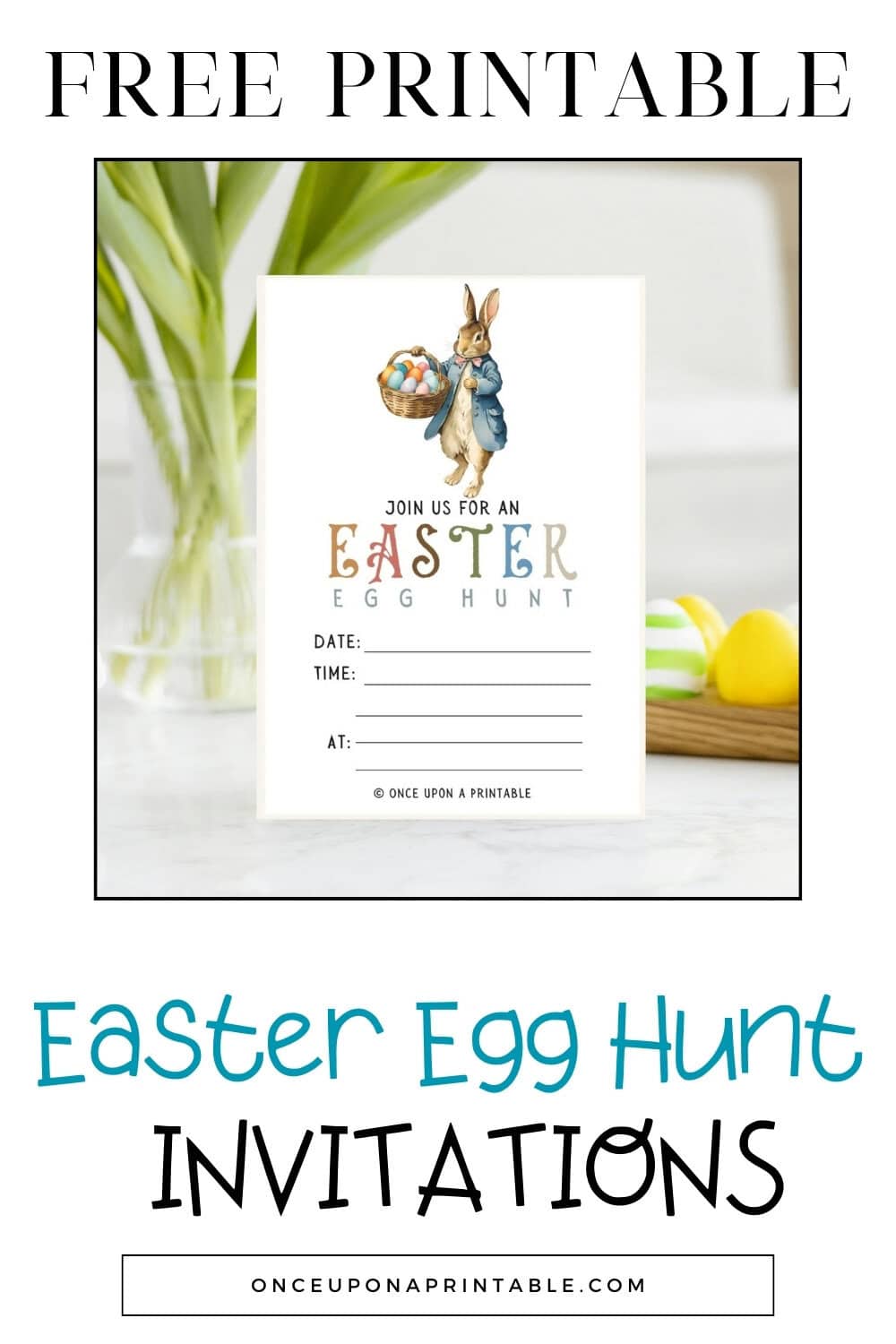 Peter Rabbit themed Easter egg hunt invitations with watercolor illustrations of Peter Rabbit, some by Beatrix Potter.