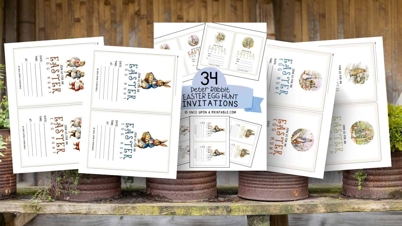 Peter Rabbit Easter egg Hunt invitations laying on a rusty bucket background.