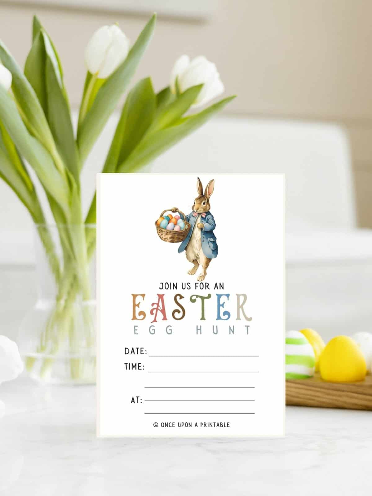 Peter Rabbit basket easter egg hunt invitation.