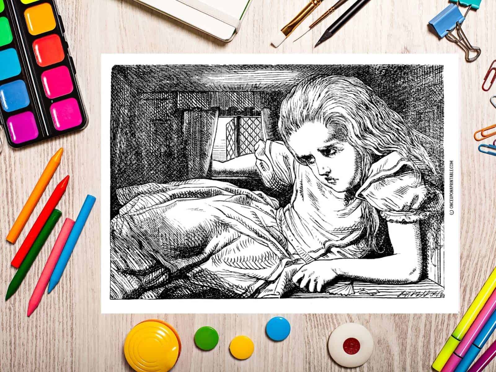 Alice in White Rabbit's house giant, coloring page with art supplies.