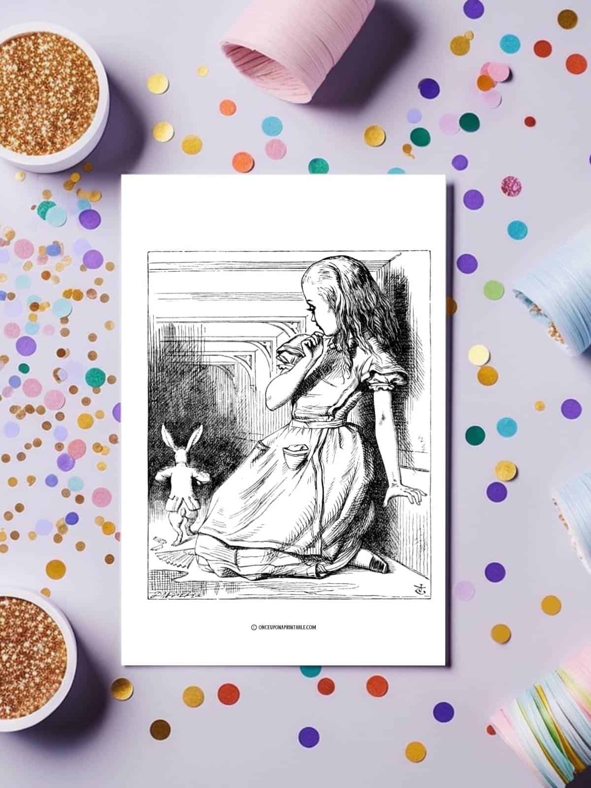 Alice's Adventures in wonderland coloring pages, on a purple background with confetti.