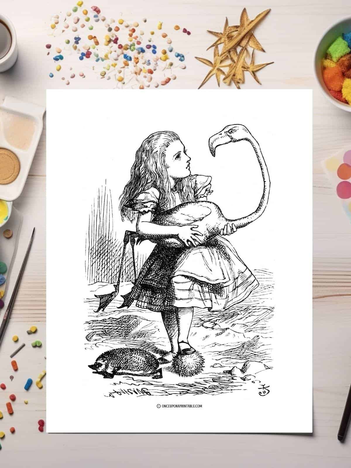 Alice's Adventures in Wonderland original illustration with Alice and her flamingo croquet mallet.