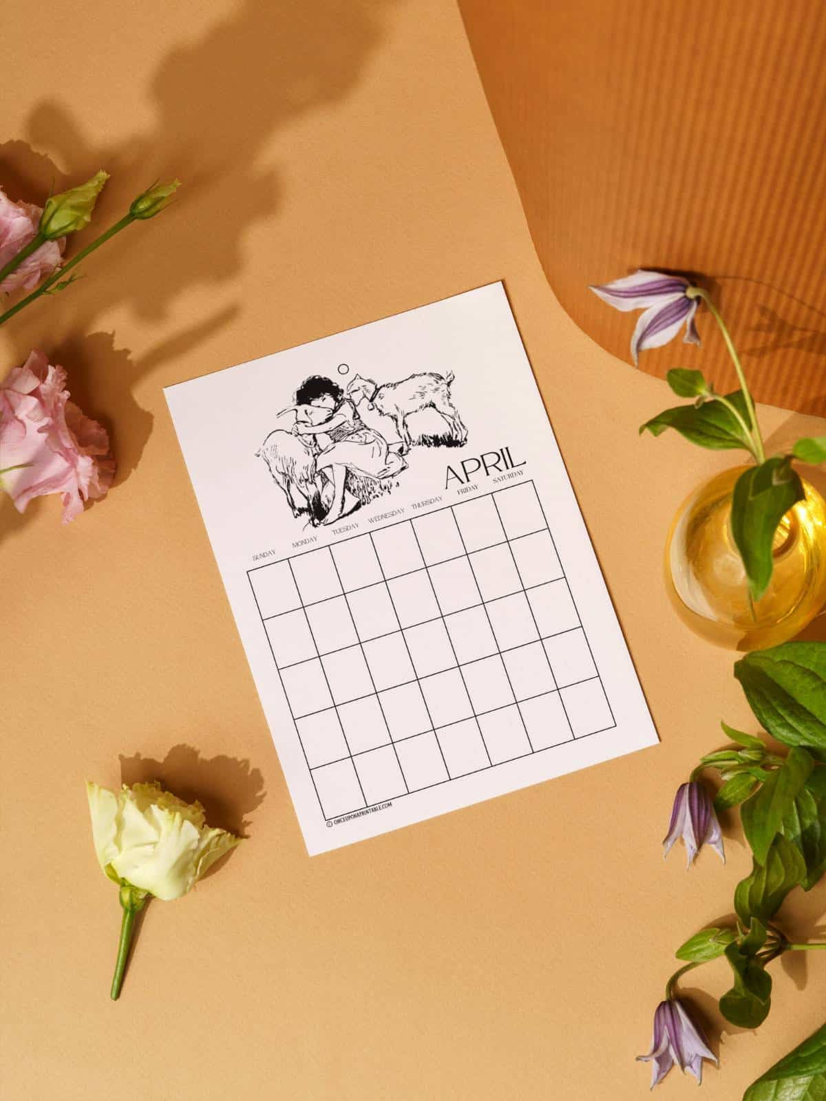 Heidi illustrated calendar pages by Jessie Willcox Smith sitting on an orange background with plants.