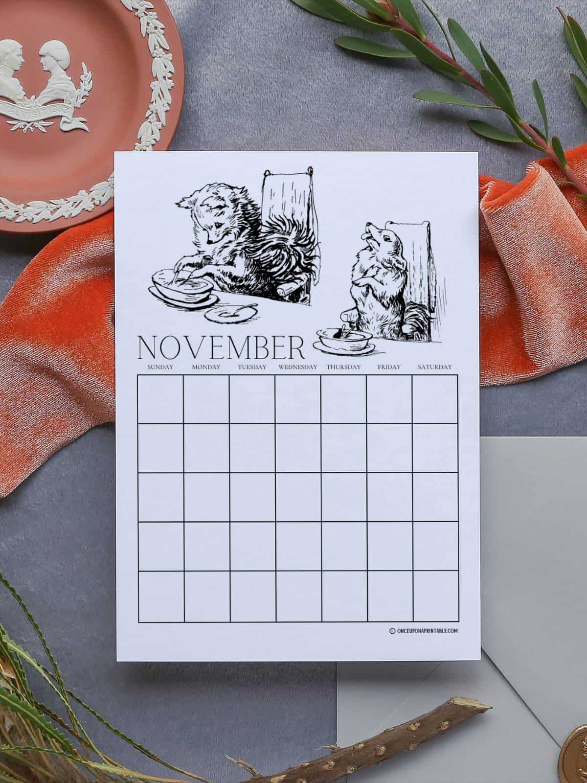 Duchess and Ribby Calendar coloring pages featuring illustrations by Beatrix Potter from the story "The tale of the pie and the Patty-Pan".
