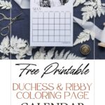 Free printable Duchess and Ribby Coloring page calendar, pinterest pin with a dark blue background.