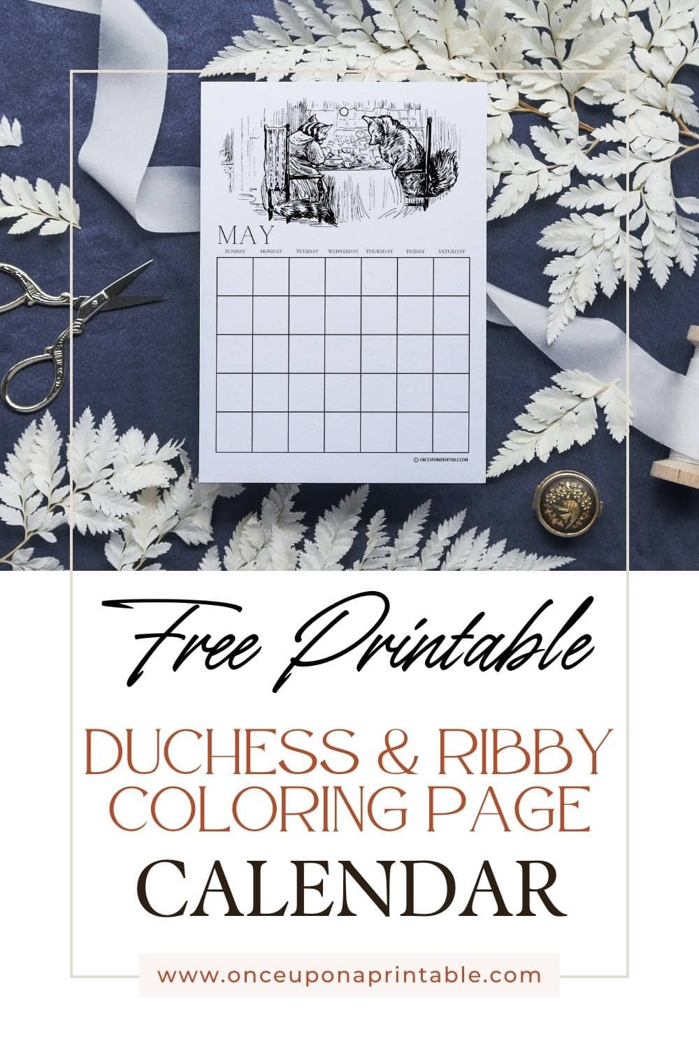 Free printable Duchess and Ribby Coloring page calendar, pinterest pin with a dark blue background. 