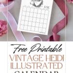 Heidi illustrated calendar pages by Jessie Willcox Smith sitting on a pink ribbon with pink flowers.