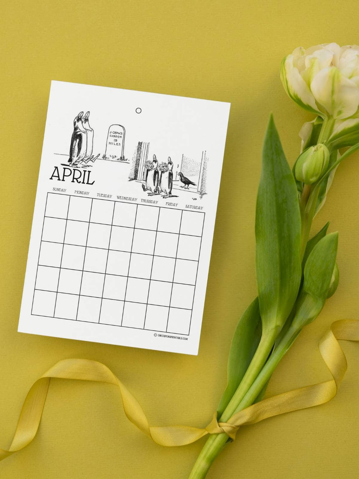 Johnny Crow's garden calendar coloring page April, sitting on a yellow background with a flower stem.