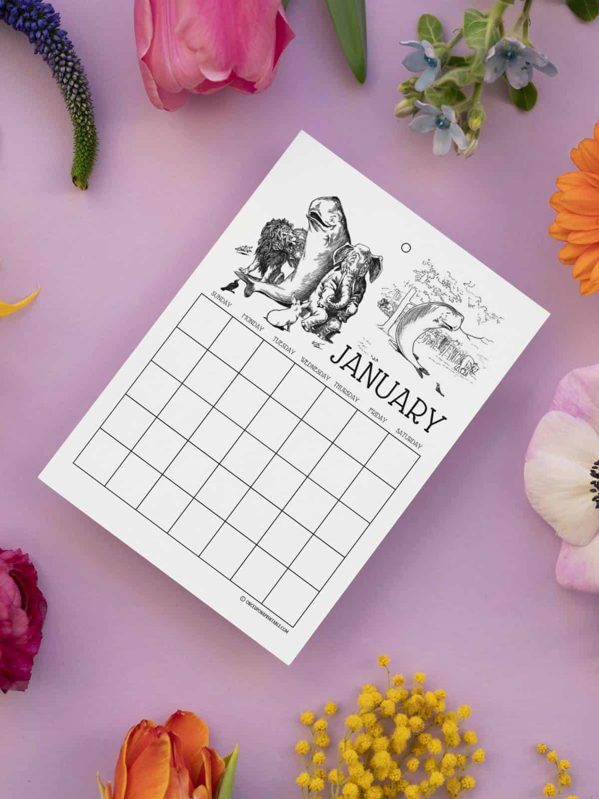 Johnny Crow's Garden calendar coloring page January, with flowers. 