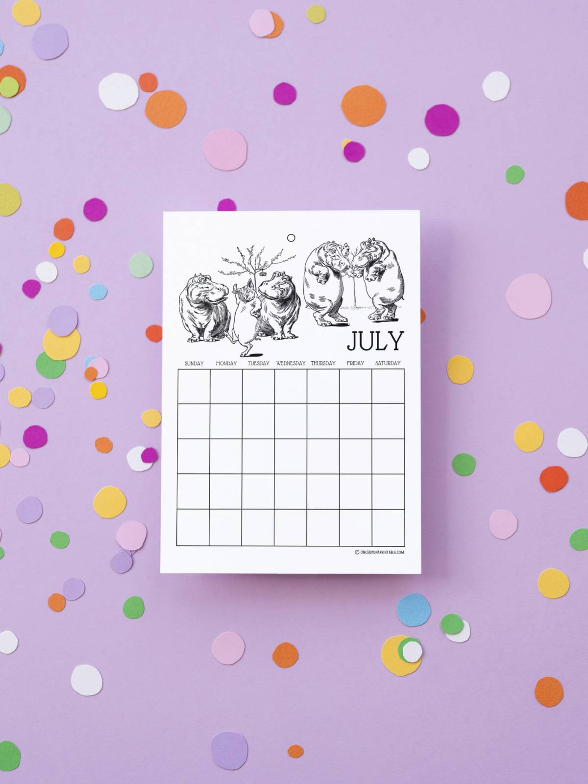 Johnny Crow's Garden calendar coloring page July, on a purple background with confetti.