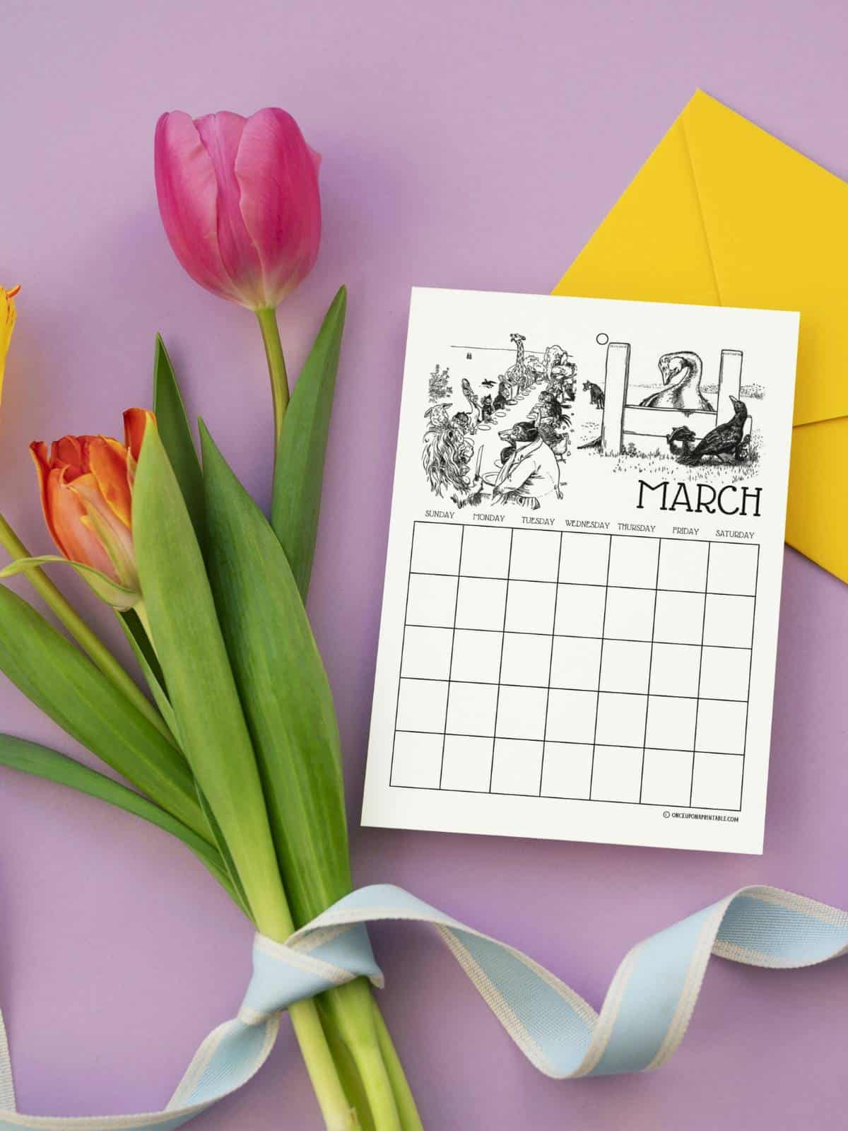 Johnny crow's garden calendar coloring page March, on a purple background with tulips. 