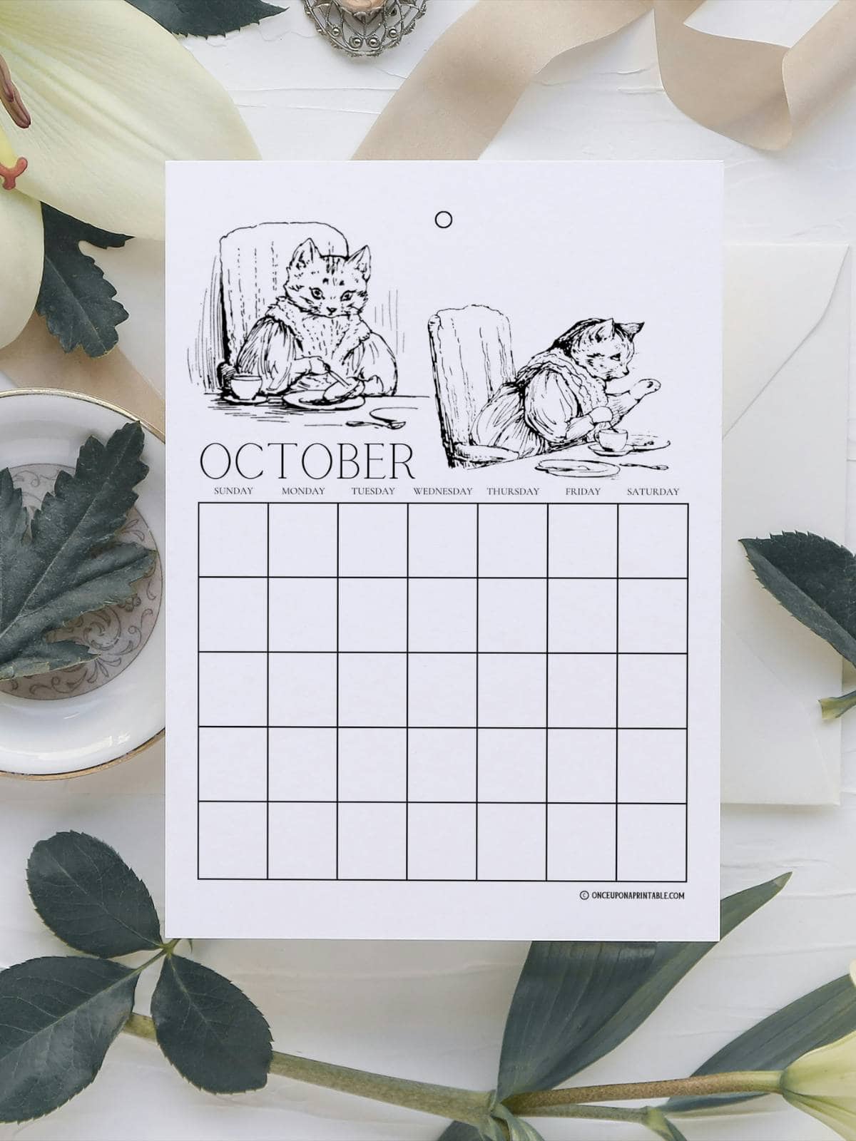 Duchess and Ribby Calendar coloring pages featuring illustrations by Beatrix Potter from the story "The tale of the pie and the Patty-Pan".