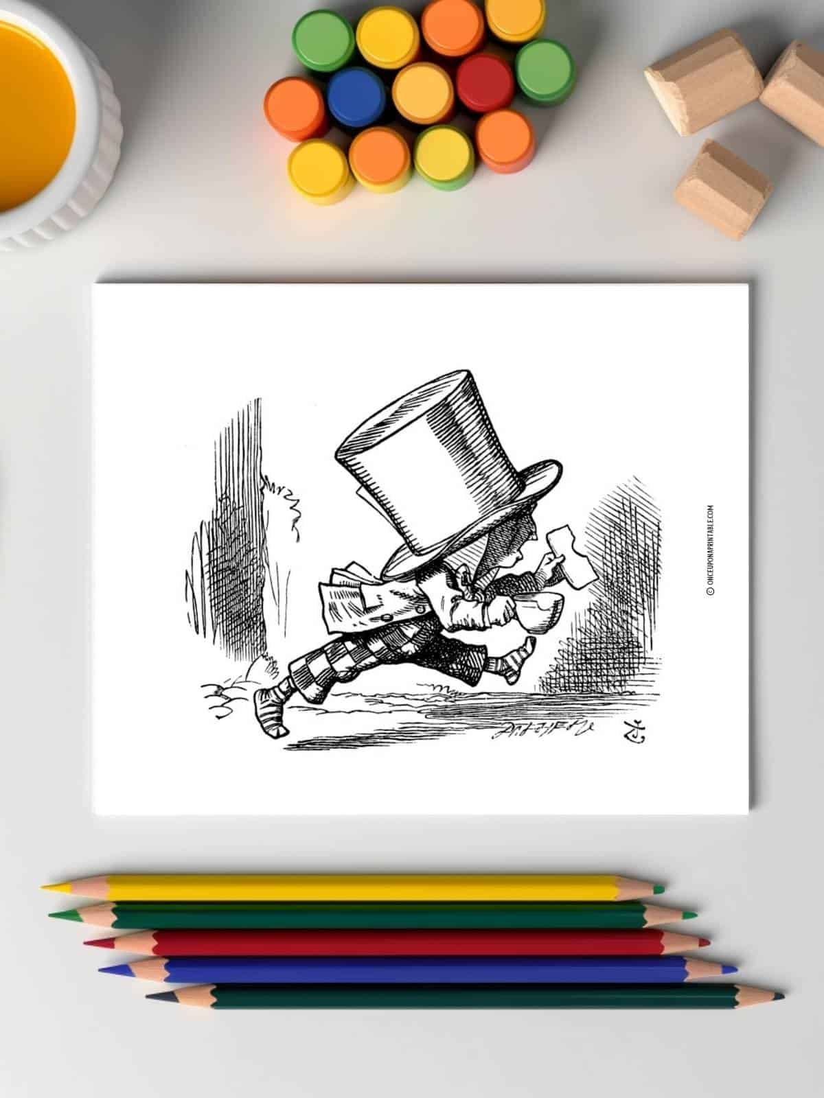 The Mad Hatter coloring page, original illustration by Sir John Tenniel.