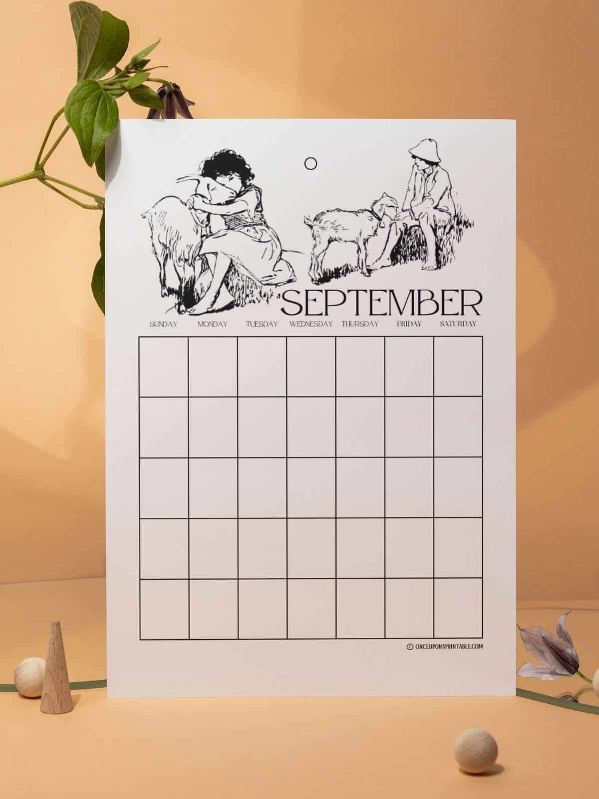 Heidi illustrated calendar pages by Jessie Willcox Smith sitting on an orange background with plants.