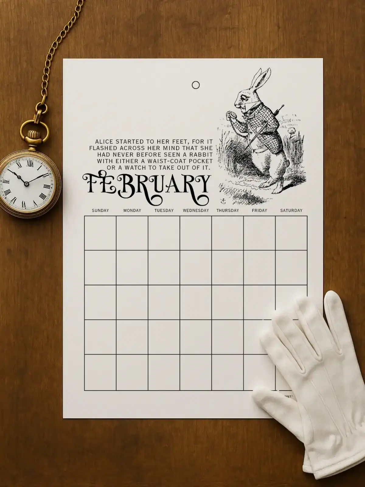 Vintage-inspired February calendar printable featuring whimsical illustration of a rabbit dressed in Victorian attire, perfect for DIY planners, scrapbooks, or home decor projects.