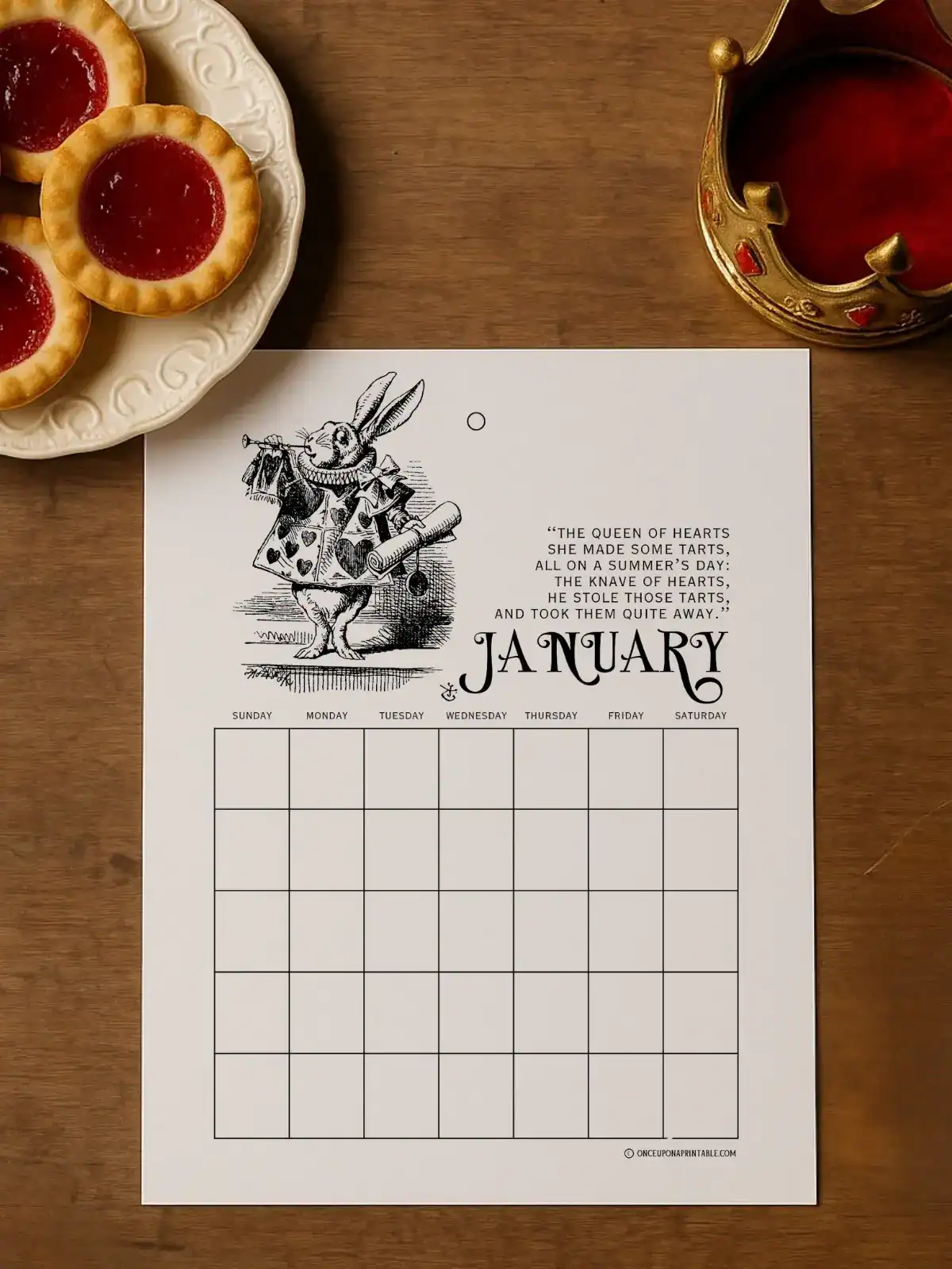 Alice grown large in the White Rabbit's house, coloring page calendar with coloring pencils.
