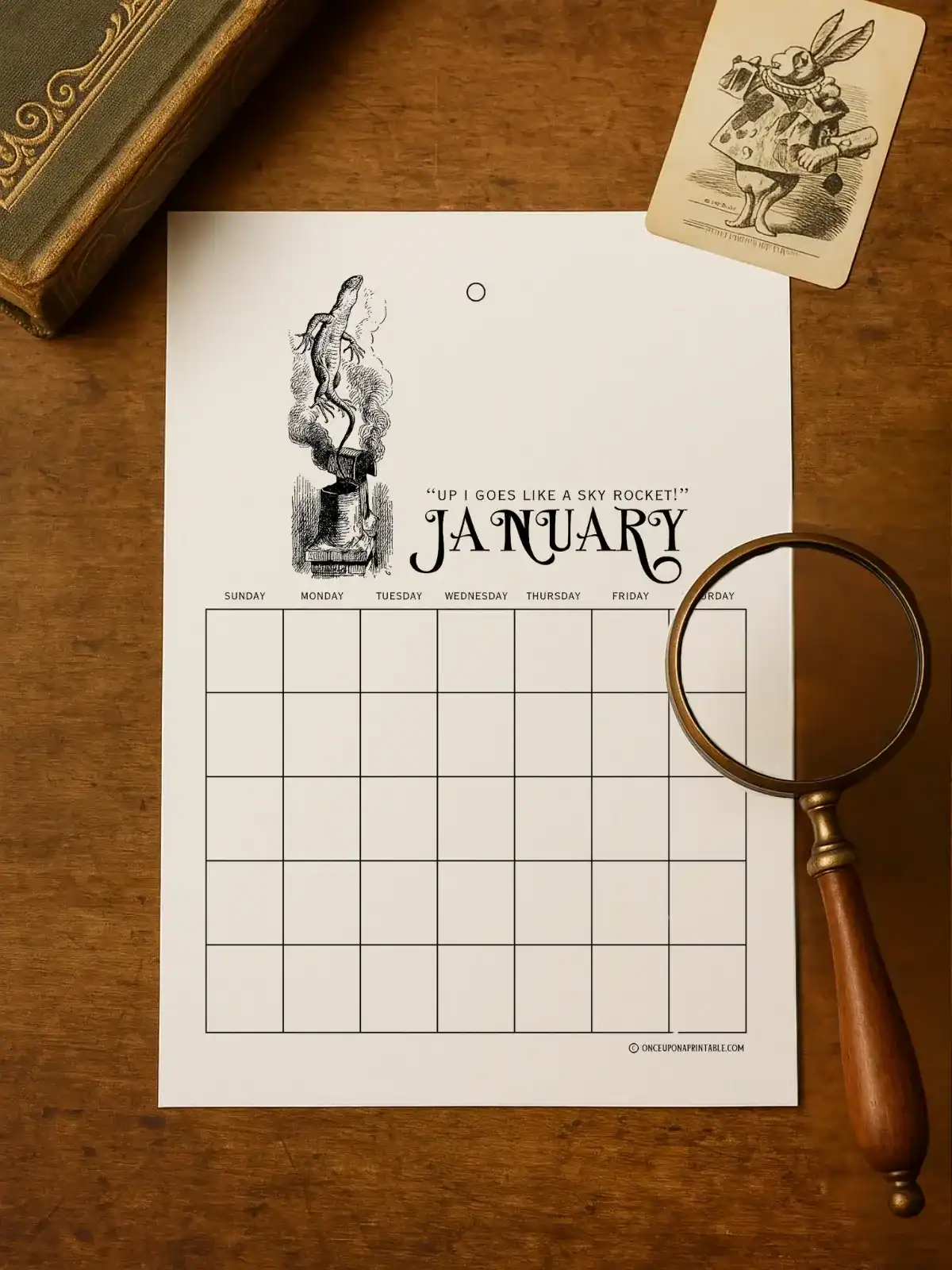 Lunar calendar printable for January featuring vintage-style illustration of a rocket launching a rabbit character, perfect for kids' educational activities and monthly planning.