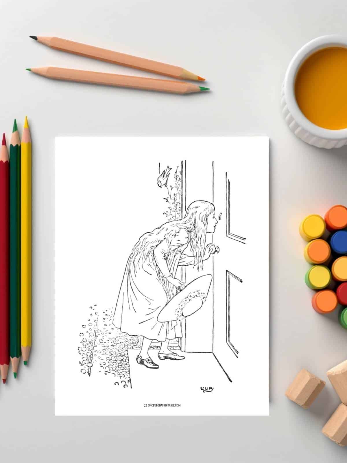 Goldilocks peeping through the key hole into the three bears little cottage, coloring page of the three bears.