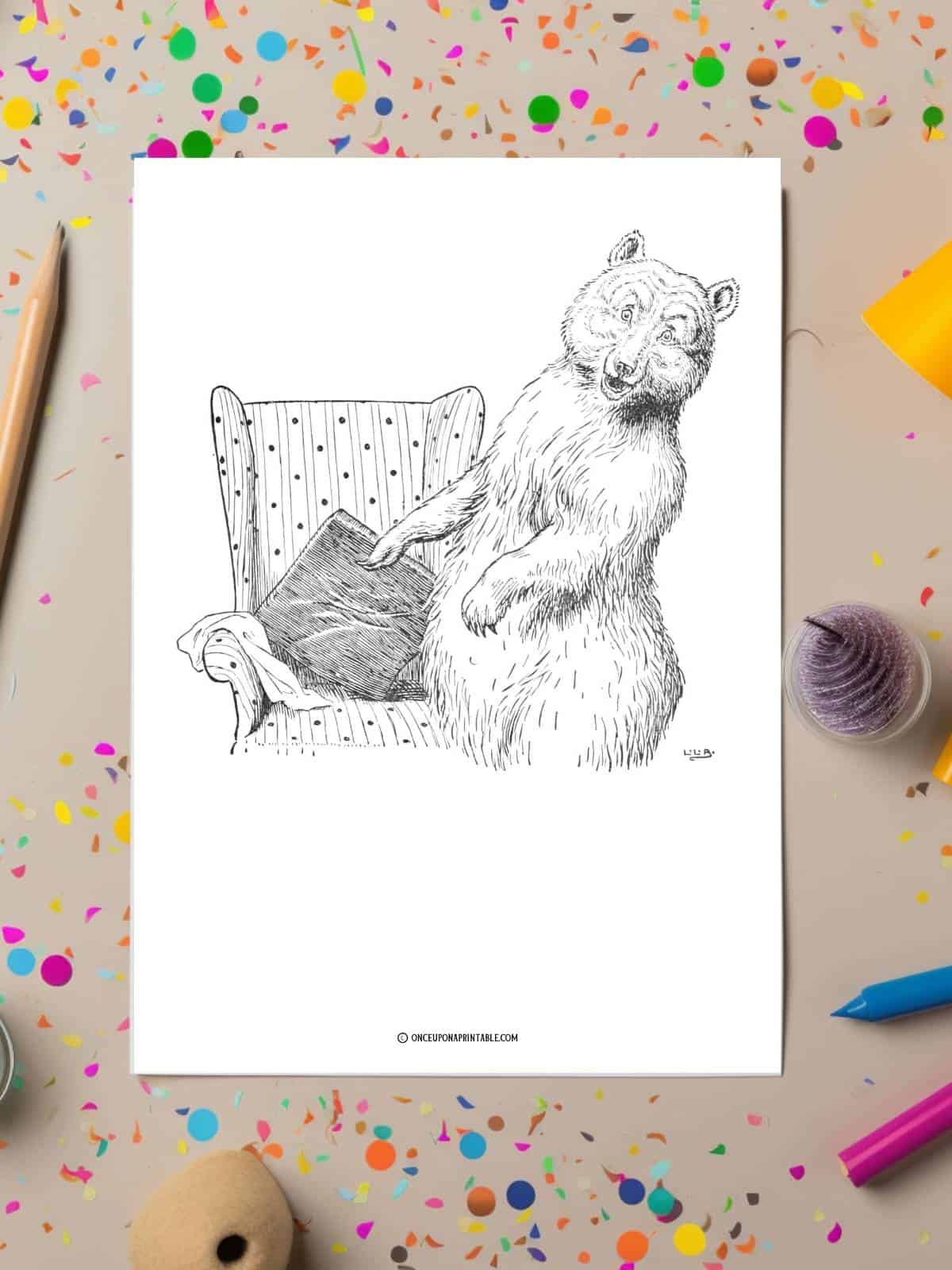 Mommy bear upset at the state of her house, coloring page of the three bears.