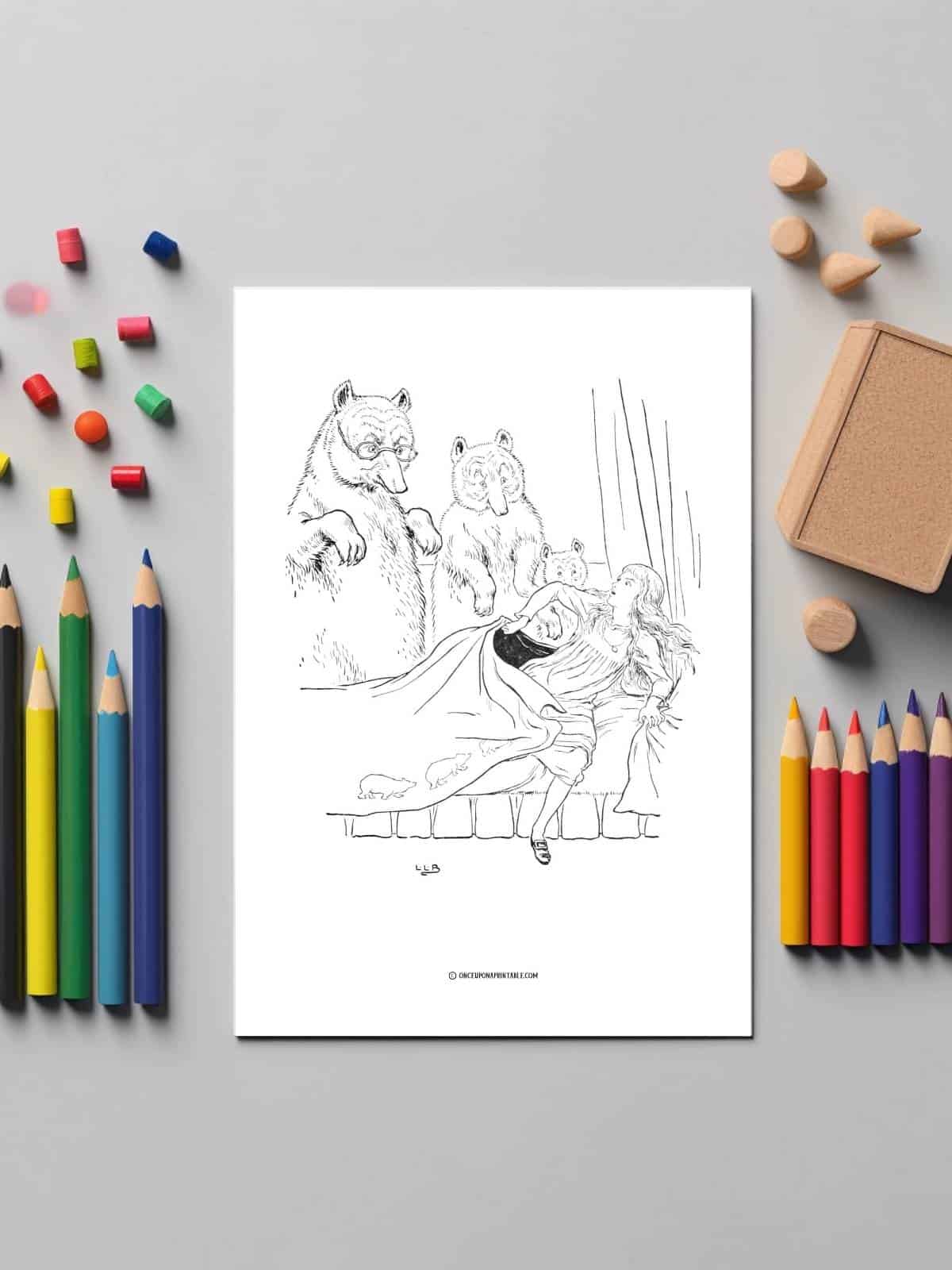 The three bears finding goldilocks asleep in the bed, coloring pages.