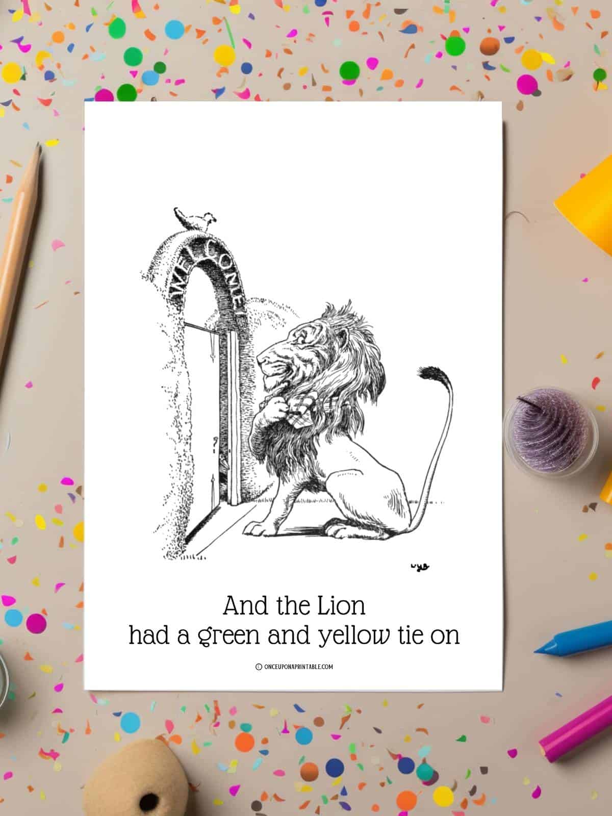 The Lion had a green and yellow tie on, Johnny crow's garden coloring page.