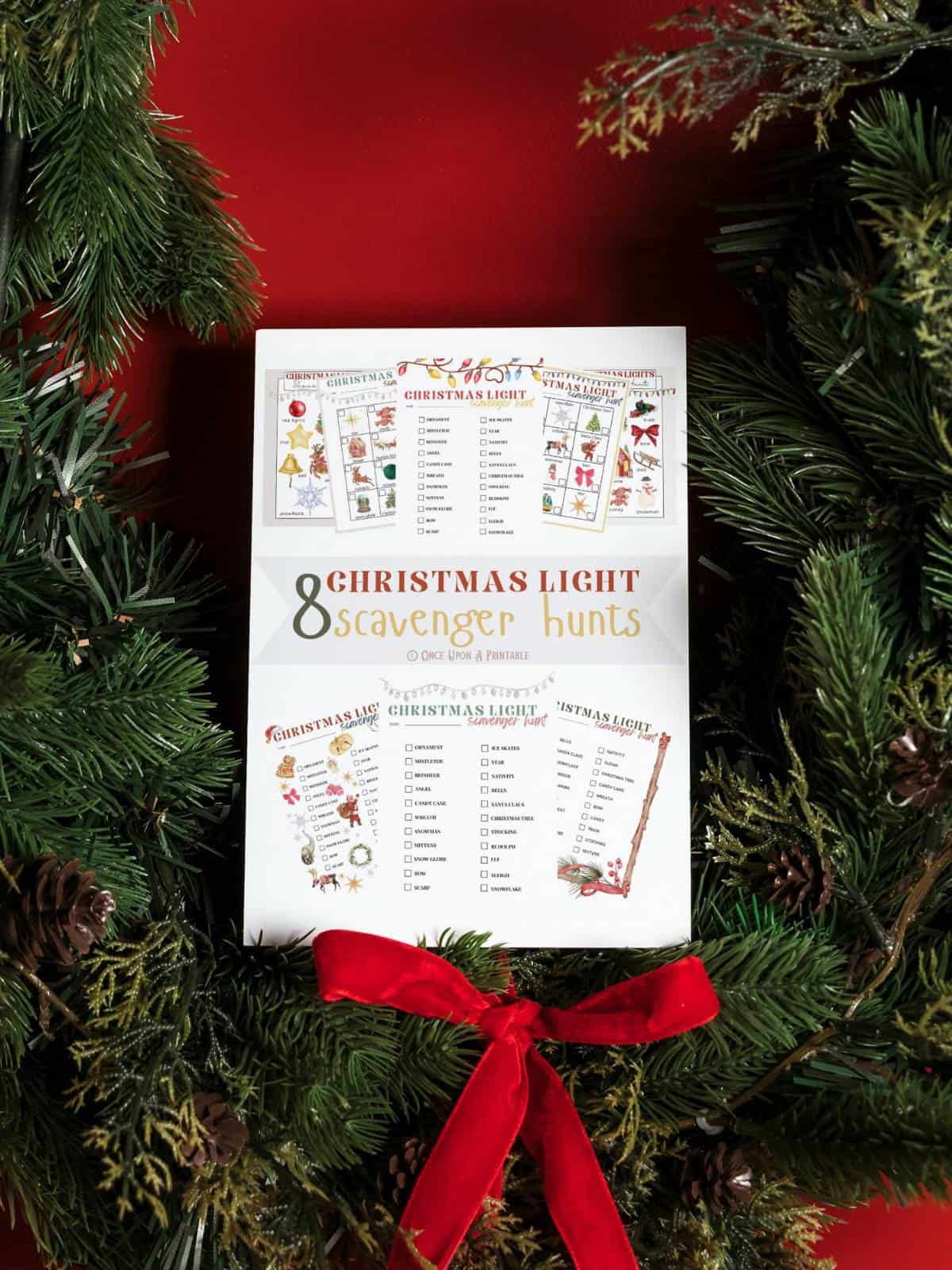 Christmas lights scavenger hunt printables for the whole family, brightly colored christmas themed graphics.