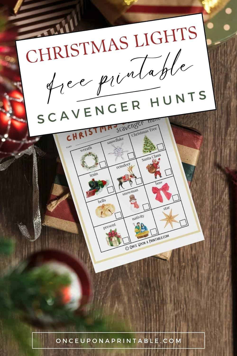 Christmas lights scavenger hunt printables for the whole family, brightly colored christmas themed graphics.