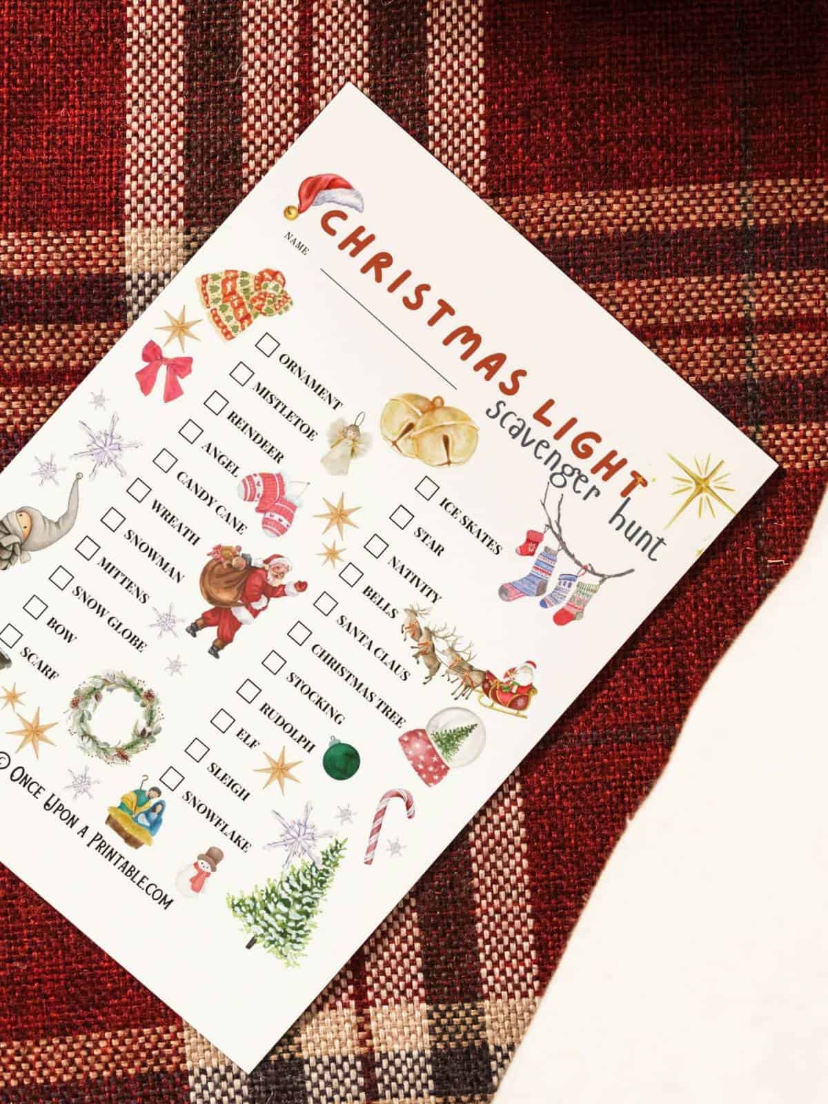 Christmas lights scavenger hunt printables for the whole family, brightly colored christmas themed graphics.