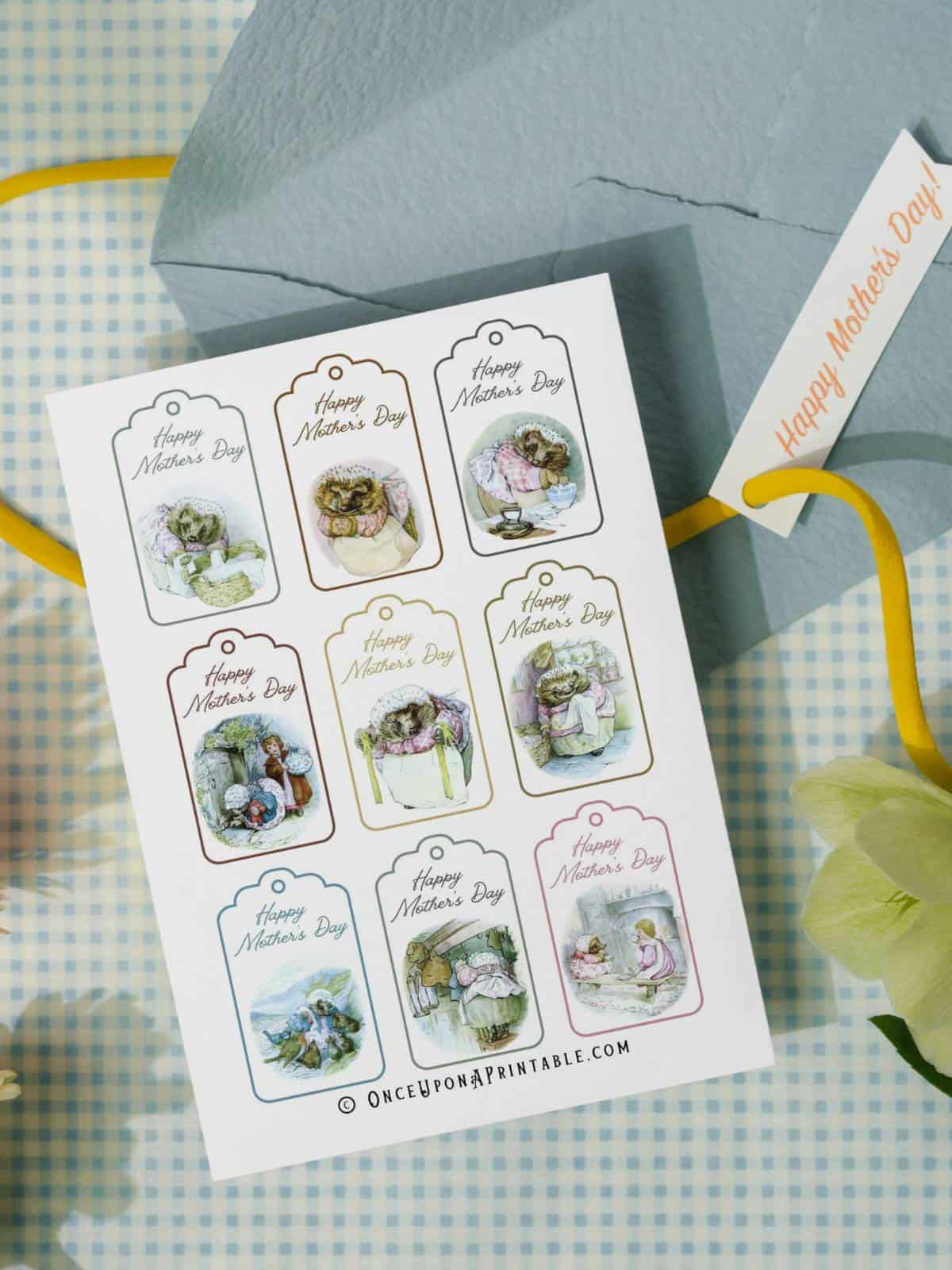 A sheet of Mrs. Tiggy-Winkle Mother's Day Gift Tags, a classic character created and illustrated by Beatrix Potter.