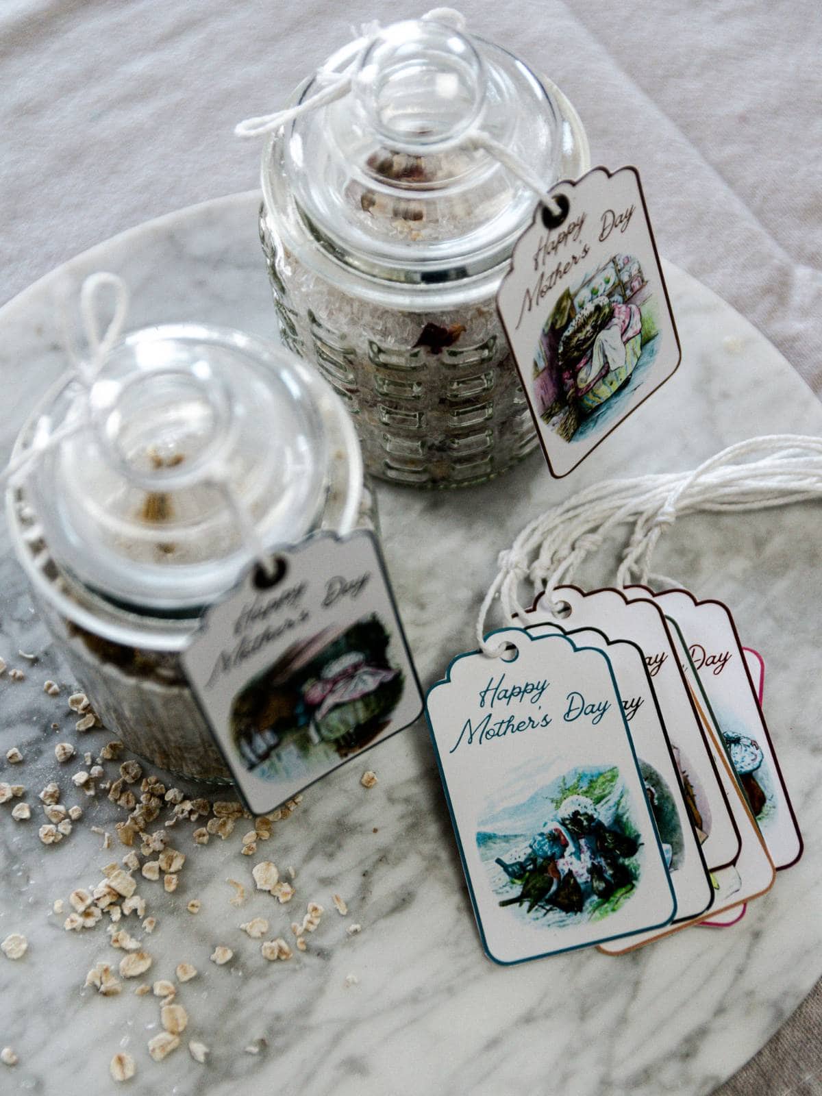 Mrs. Tiggy-Winkle Mother's Day Gift Tags on top of a handmade mother's day gift.