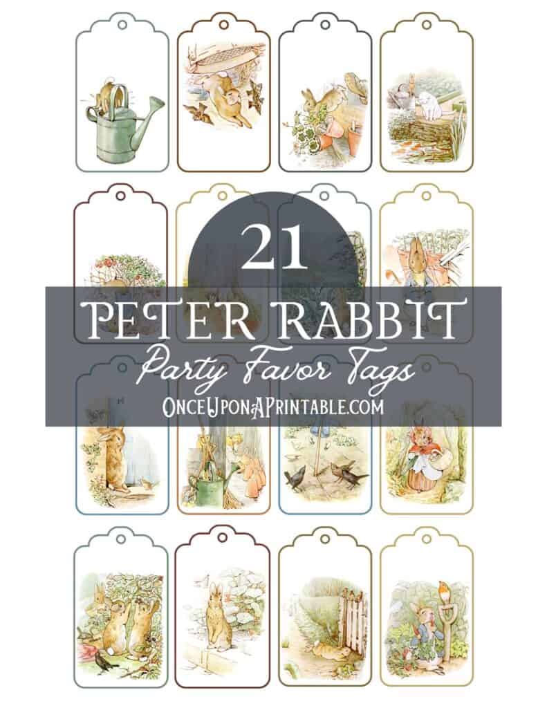 Originally illustrated party favor gift tags of Peter Rabbit and friends by Beatrix Potter.