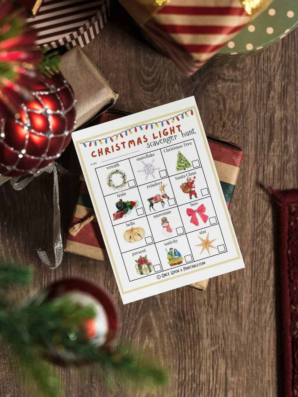 Christmas lights scavenger hunt printables for the whole family, brightly colored christmas themed graphics.