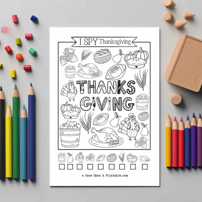 Thanksgiving I Spy coloring page in black and white and brightly colored sheets.
