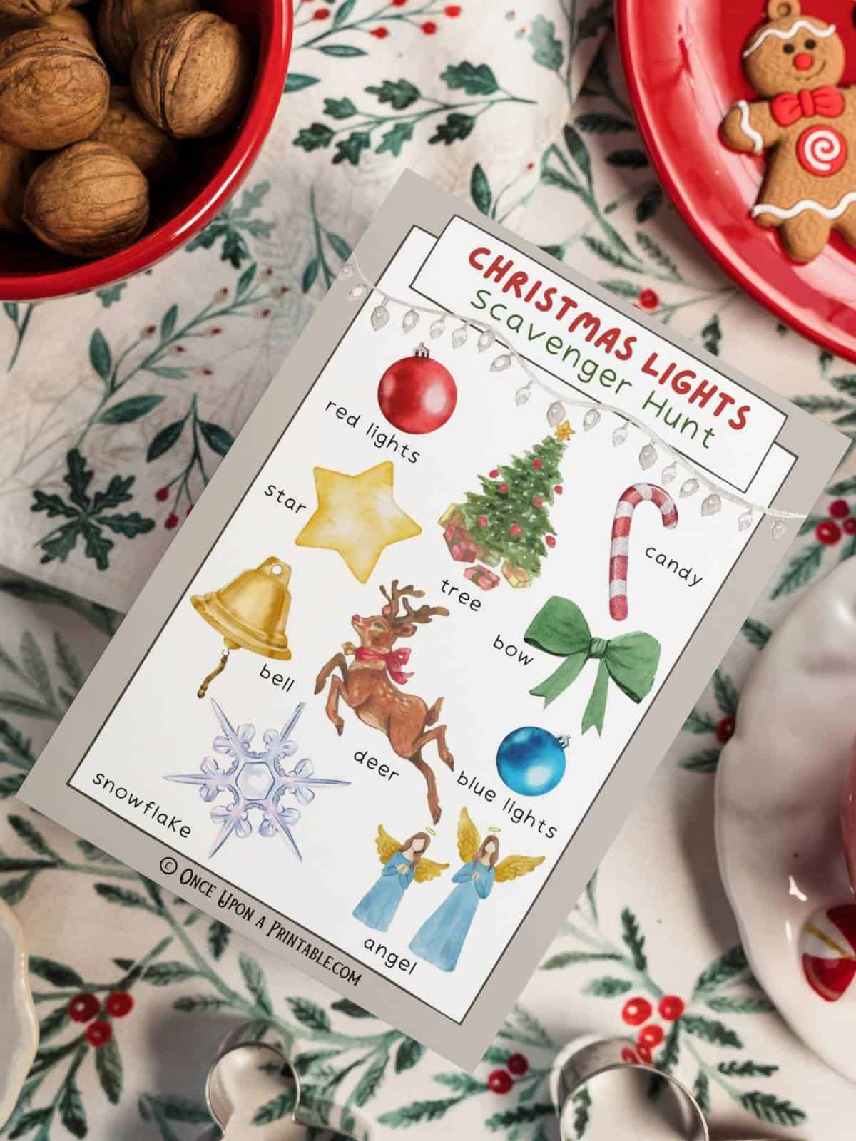 Christmas lights scavenger hunt printables for the whole family, brightly colored christmas themed graphics.
