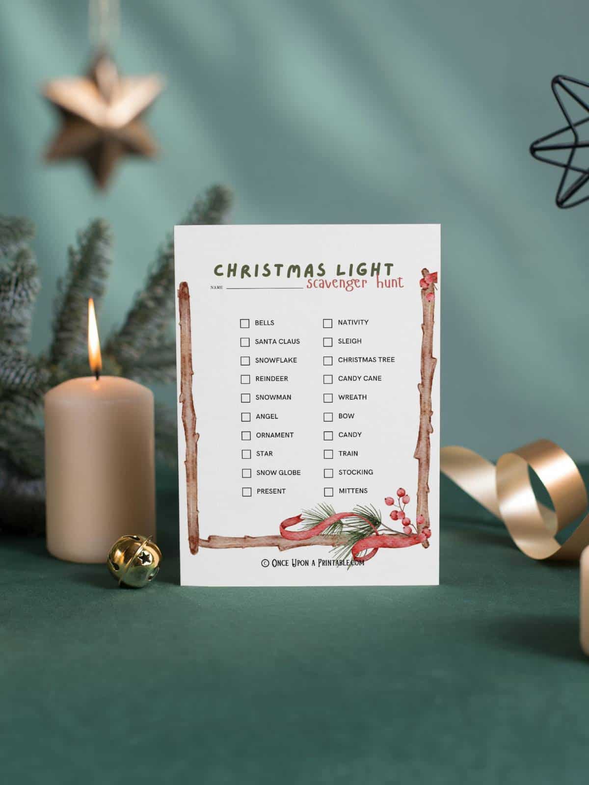 Christmas lights scavenger hunt printables for the whole family, brightly colored christmas themed graphics.