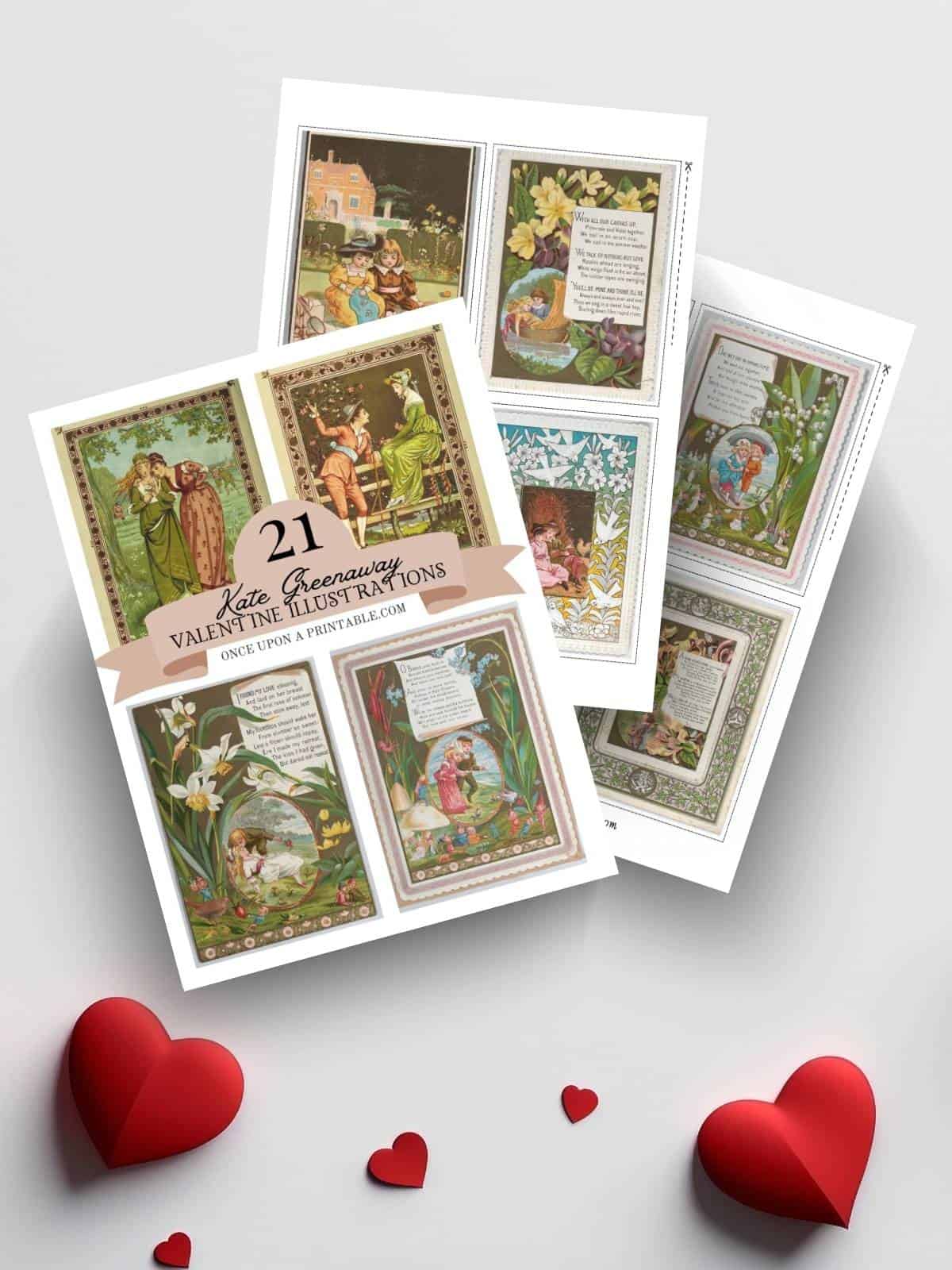 Kate Greenaway illustrated Victorian Valentine's Day card free printable sheets.